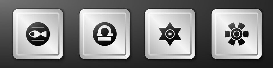 Set Pisces zodiac, Libra, Falling star and Sun icon. Silver square button. Vector