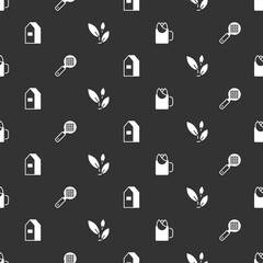 Set Cup of tea with rose, Tea strainer handle, Paper package for milk and leaf on seamless pattern. Vector