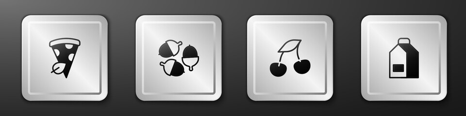 Set Vegan pizza slice, Acorn, Fresh berries and Paper package for milk icon. Silver square button. Vector