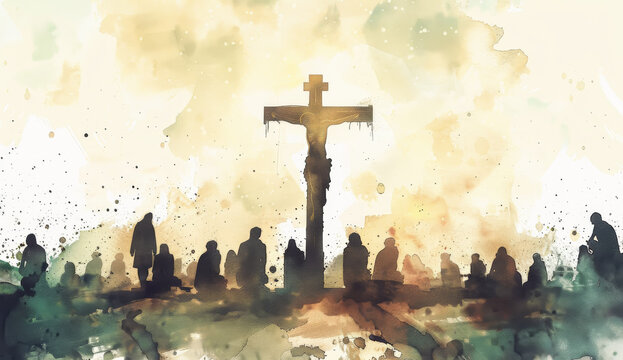 Acuarela representando la crucifixi&oacute;n de cristo, con la cruz en el centro y gente junto a ella rezando, unos en pie y otros de rodillas