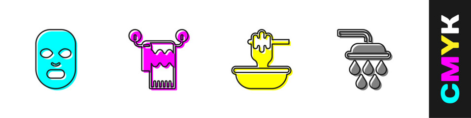 Set Facial cosmetic mask, Towel on hanger, Honey dipper stick with bowl and Shower icon. Vector
