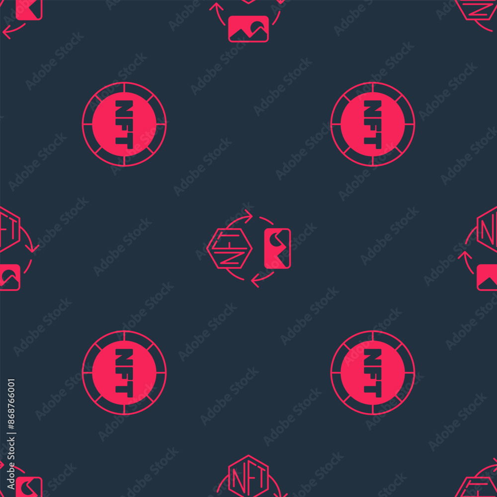 Poster set nft digital crypto art and on seamless pattern. vector