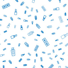 Set line Bottle of shampoo, Acne and Lipstick on seamless pattern. Vector