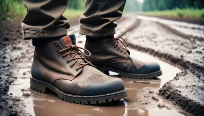 Person feet in trekking shoes walking swamp mud.