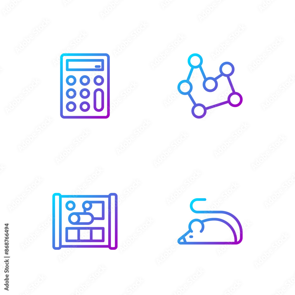 Poster set line experimental mouse, graphing paper for engineering, calculator and chemical formula. gradie