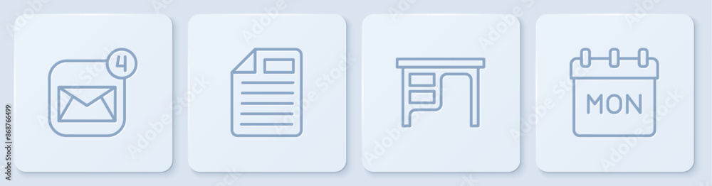 Poster set line envelope, office desk, file document and calendar. white square button. vector