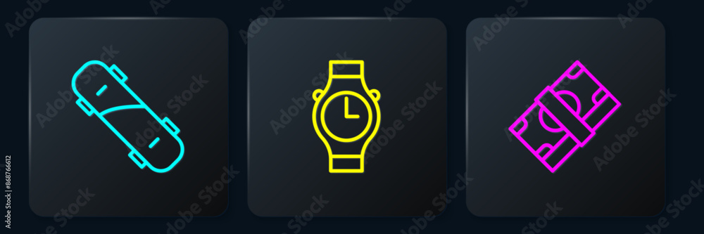 Wall mural Set line Skateboard, Stacks paper money cash and Wrist watch. Black square button. Vector