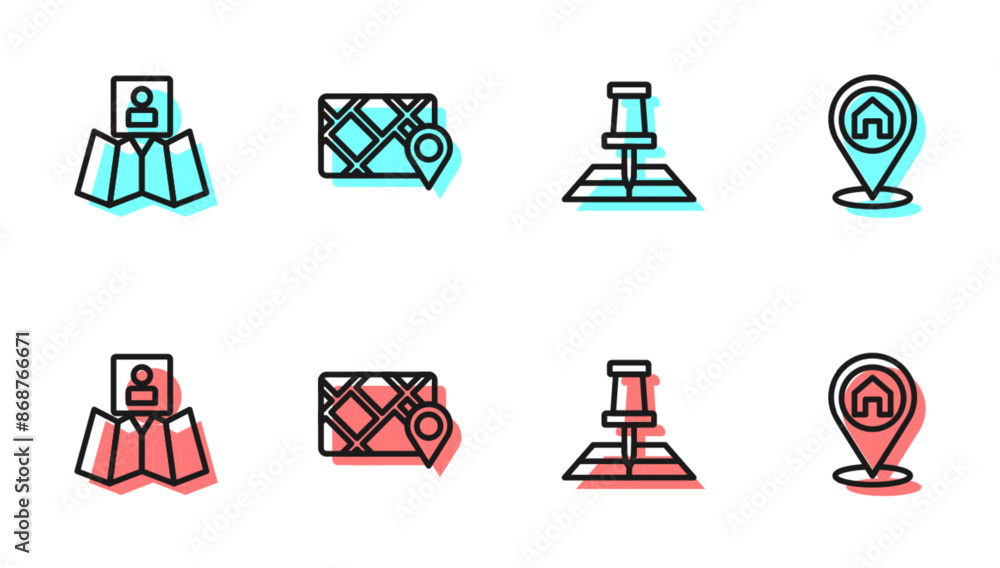 Poster set line folded map with location marker, gps device and location house icon. vector