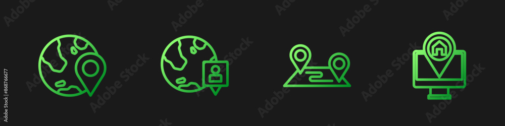 Poster set line route location, location the globe, and monitor with map. gradient color icons. vector