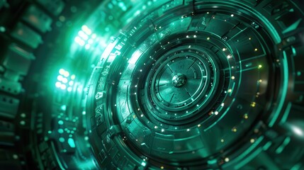 Obraz premium 3D rendering of a secure data vault, metallic textures with green and blue highlights