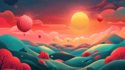 Fototapeta premium Whimsical landscape with balloons, rolling hills and vibrant sunset
