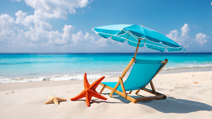Sandy beach with umbrella and chair. Tropical holiday.