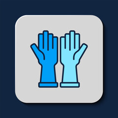 Obraz premium Filled outline Rubber gloves icon isolated on blue background. Latex hand protection sign. Housework cleaning equipment symbol. Vector