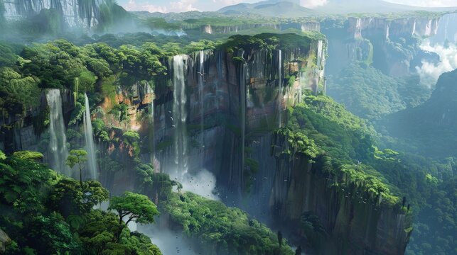 Expansive cliffs overlooking a lush, green rainforest, with waterfalls cascading down to the forest floor below 