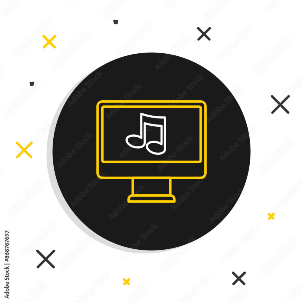 Poster line computer with music note symbol on screen icon isolated on white background. colorful outline c