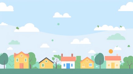 Colorful spring day with houses and trees under a clear blue sky