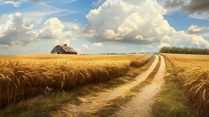 Rural dirt path lined with tall, golden wheat fields, leading towards a distant, rustic barn under a vast, open sky 