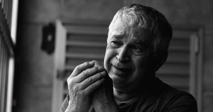 Authentic Close-Up Portrait of a Hopeless Old Man Lost in Sad, Deep Thought, Struggling with Directionlessness in the Late Stage of Life, a Dramatic and Emotional Representation in black and white,
