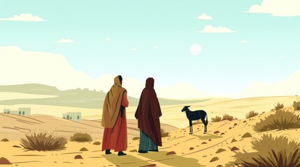 Desert scene with two people and a dog under clear blue sky