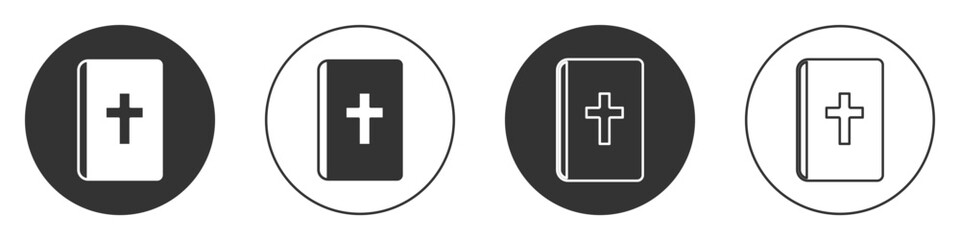 Black Holy bible book icon isolated on white background. Circle button. Vector