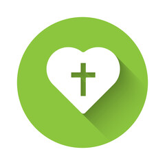 White Christian cross in heart icon isolated with long shadow background. Happy Easter. Green circle button. Vector