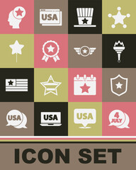 Set USA Independence day, Police badge, Torch flame, Patriotic American top hat, Medal with star, Balloon, Head and Star military icon. Vector