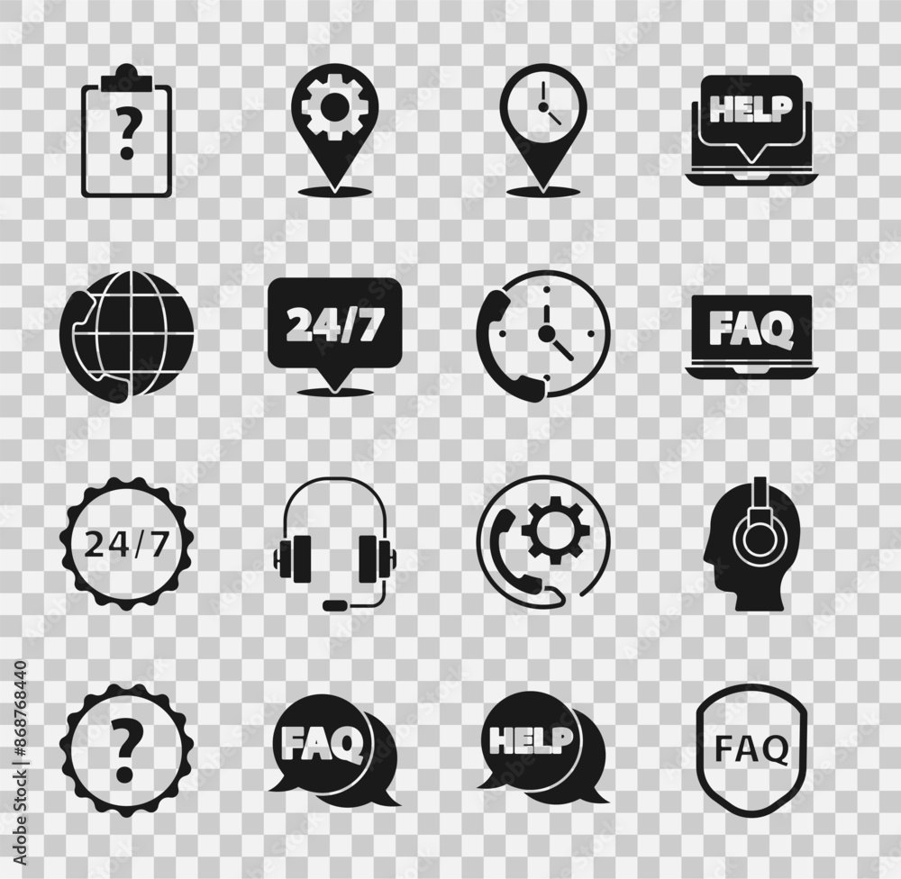 Poster set shield with text faq, support operator in touch, laptop and, location clock, clock 24 hours, tel