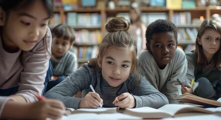 Fototapeta premium Focused students studying together in a library setting, collaborative learning by a diverse group of children