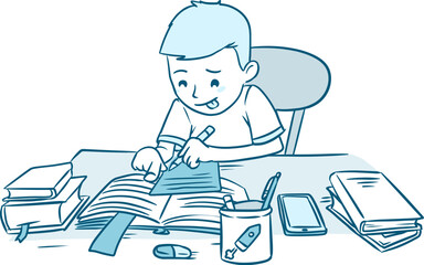 Focused little child doing homework line vector illustration