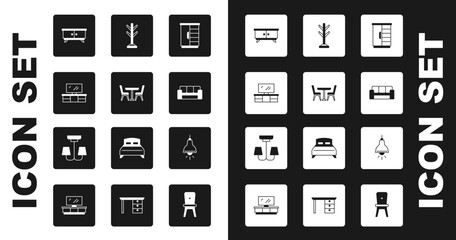 Set Wardrobe, Table with chair, TV table stand, Furniture nightstand, Sofa, Coat, Lamp hanging and Chandelier icon. Vector