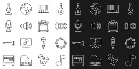 Set line Music note, tone, Tambourine, Xylophone, Grand piano, Speaker volume, Microphone, Balalaika and Guitar amplifier icon. Vector