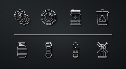 Set line Leaf plant in gear machine, Propane gas tank, Recycle bin with recycle, Light bulb, Battery, Power button, Wind turbine and Bio fuel barrel icon. Vector