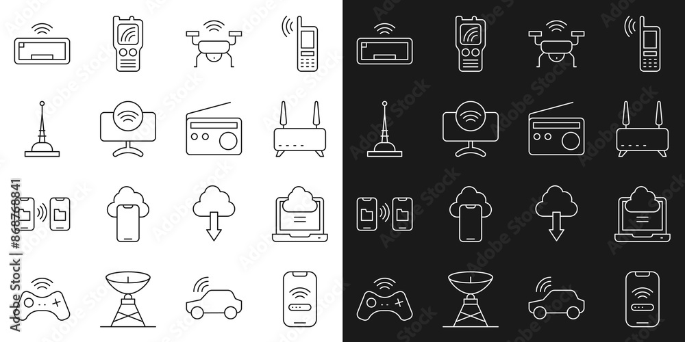 Poster set line mobile with wi-fi wireless, network cloud connection, router and signal, smart drone system