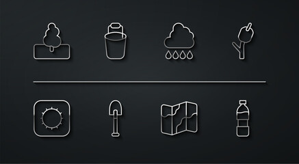 Set line Tree, Sun, Marshmallow on stick, Camping and hiking map, Shovel, Bucket, Bottle of water and Cloud with rain icon. Vector