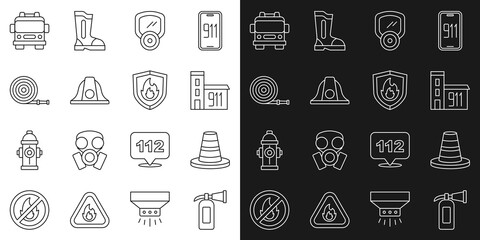 Set line Fire extinguisher, Traffic cone, Building of fire station, Gas mask, Firefighter helmet, hose reel, truck and protection shield icon. Vector