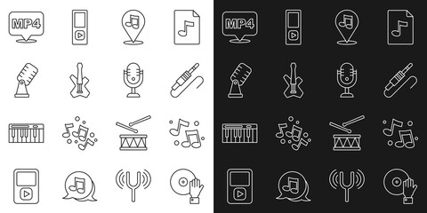 Set line DJ playing music, Music note, tone, Audio jack, Location musical, Electric bass guitar, Microphone, MP4 file document and icon. Vector