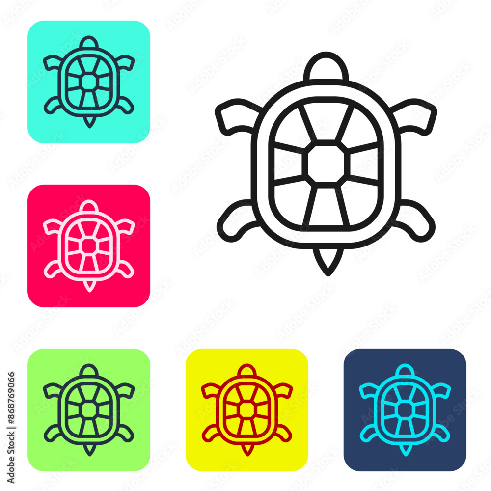 Poster black line turtle icon isolated on white background. set icons in color square buttons. vector