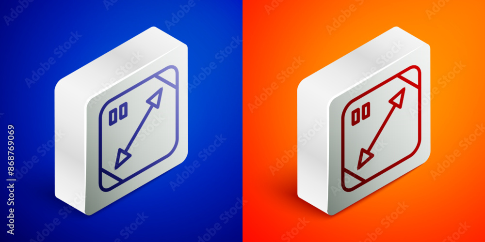 Poster isometric line diagonal measuring icon isolated on blue and orange background. silver square button.