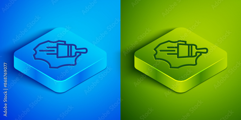 Sticker isometric line leather icon isolated on blue and green background. square button. vector