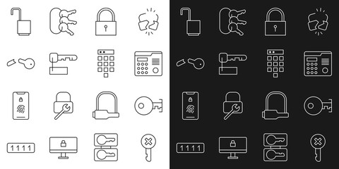 Set line Wrong key, Key, House intercom system, Lock, Marked, Broken, Open padlock and Password protection icon. Vector