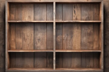 Empty wooden bookshelf with a rustic, vintage charm. Perfect for home decor, displaying books, or various household items.