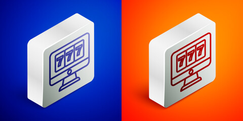 Isometric line Online slot machine with lucky sevens jackpot icon isolated on blue and orange background. Online casino. Silver square button. Vector