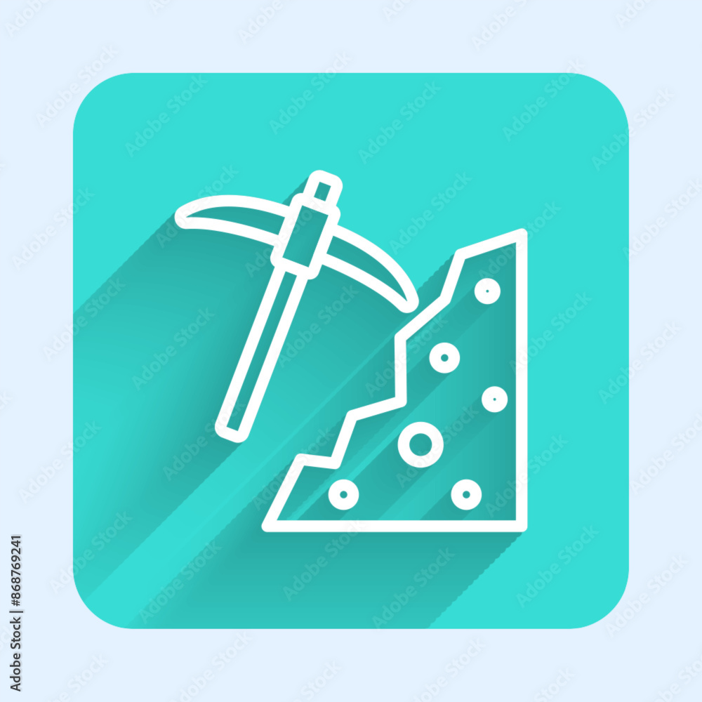 Poster white line pickaxe icon isolated with long shadow background. green square button. vector