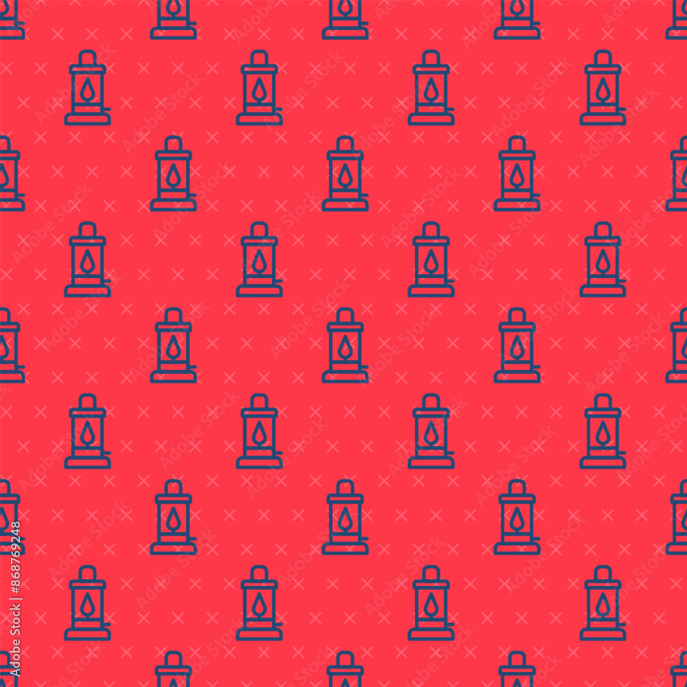 Canvas Prints blue line camping lantern icon isolated seamless pattern on red background. vector