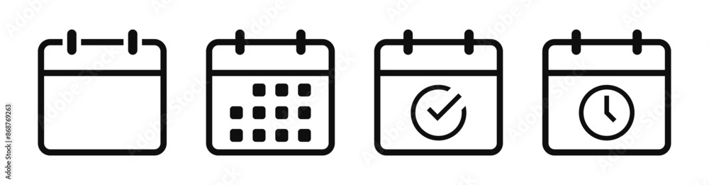 Poster Date calendar icon set. Appointment schedule vector icon symbol - Time management sign with time and clock icon - Meeting deadlines check mark icon
