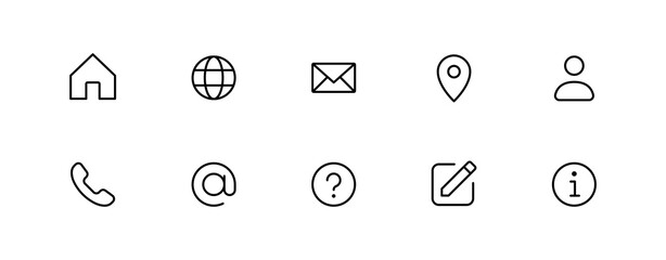 Contact us icon set. Web icons , home, call, location, globe, world, message, mail, envelope, address, user, question mark, website, icon - Contact information icons for business card. Editable stroke