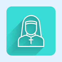 White line Nun icon isolated with long shadow background. Sister of mercy. Green square button. Vector