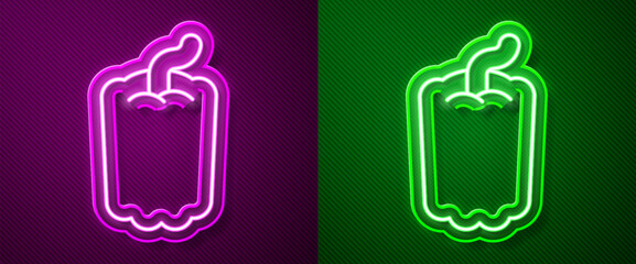 Glowing neon line Bell pepper or sweet capsicum icon isolated on purple and green background. Vector