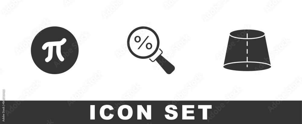 Sticker set pi symbol, magnifying glass with percent and geometric figure icon. vector