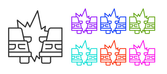 Black line Car accident icon isolated on white background. Insurance concept. Auto accident involving two cars. Set icons colorful. Vector